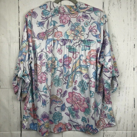 Vintage Teddi Of California Size 2X Butterfly Floral Print Top 3/4 Tab Sleeves - Picture 4 of 4